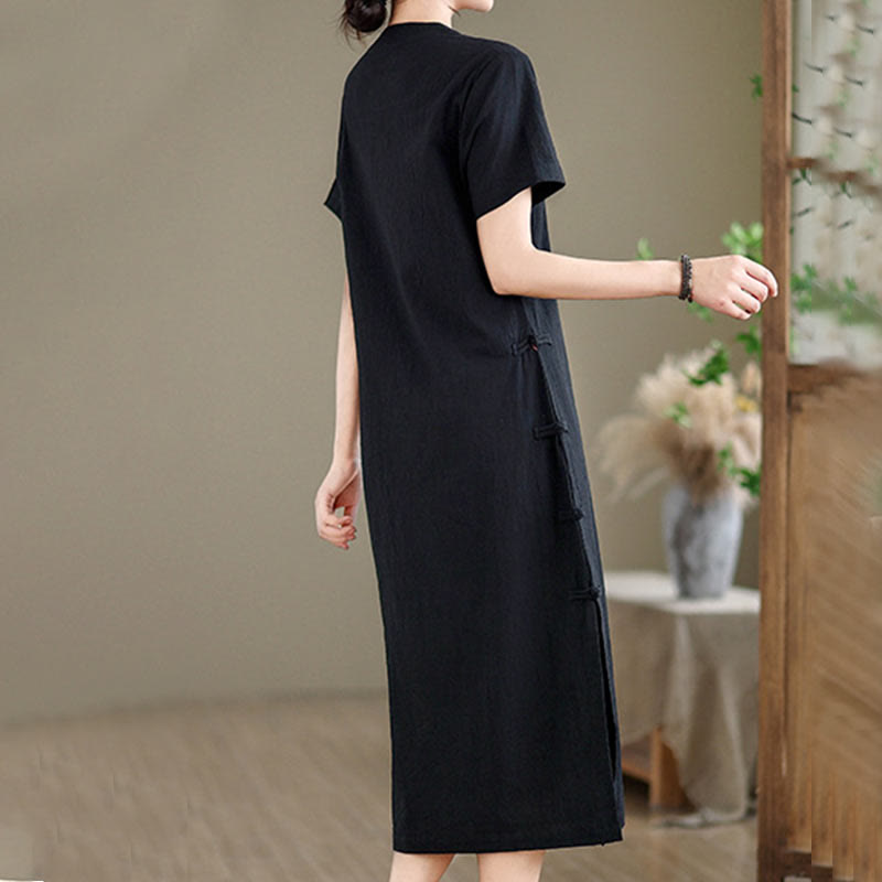 Buddha Stones Sommer Vintage Reine Farbe Chinesisches Cheongsam Qipao Midikleid mit Frosch-Knopf - image 17