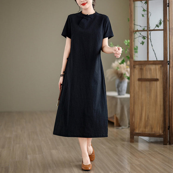 Buddha Stones Sommer Vintage Reine Farbe Chinesisches Cheongsam Qipao Midikleid mit Frosch-Knopf - image 13