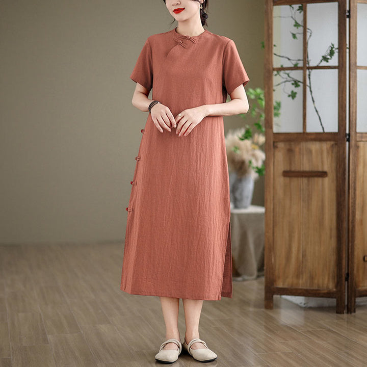 Buddha Stones Sommer Vintage Reine Farbe Chinesisches Cheongsam Qipao Midikleid mit Frosch-Knopf - image 1