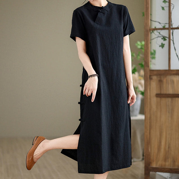 Buddha Stones Sommer Vintage Reine Farbe Chinesisches Cheongsam Qipao Midikleid mit Frosch-Knopf - image 16