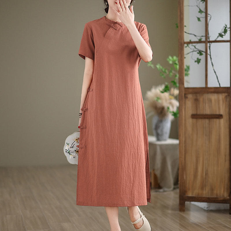 Buddha Stones Sommer Vintage Reine Farbe Chinesisches Cheongsam Qipao Midikleid mit Frosch-Knopf - image 2
