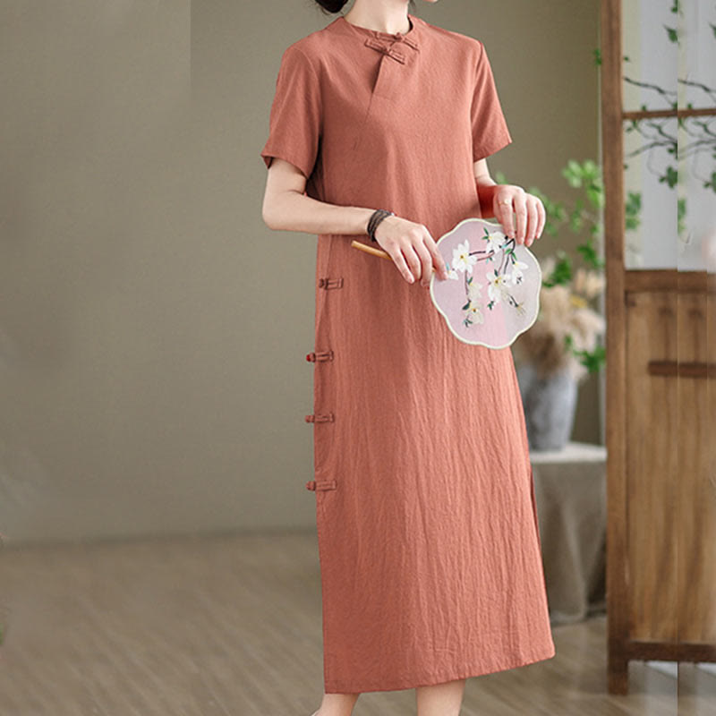Buddha Stones Sommer Vintage Reine Farbe Chinesisches Cheongsam Qipao Midikleid mit Frosch-Knopf - image 4