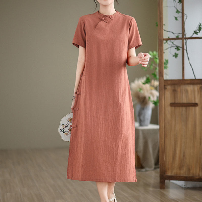 Buddha Stones Sommer Vintage Reine Farbe Chinesisches Cheongsam Qipao Midikleid mit Frosch-Knopf - DarkSalmon - US 8-10, UK/AU 12-14, EU 40-42 (2XL) - image 0