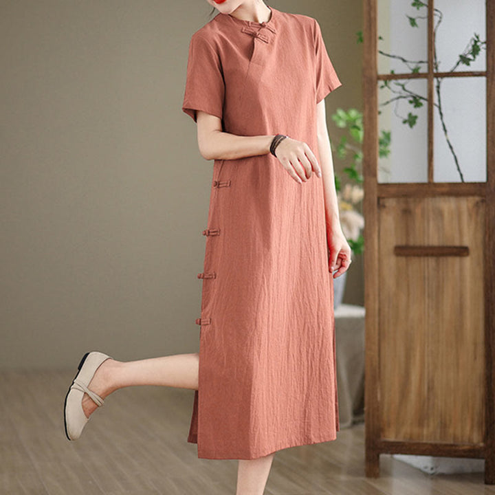 Buddha Stones Sommer Vintage Reine Farbe Chinesisches Cheongsam Qipao Midikleid mit Frosch-Knopf - image 5