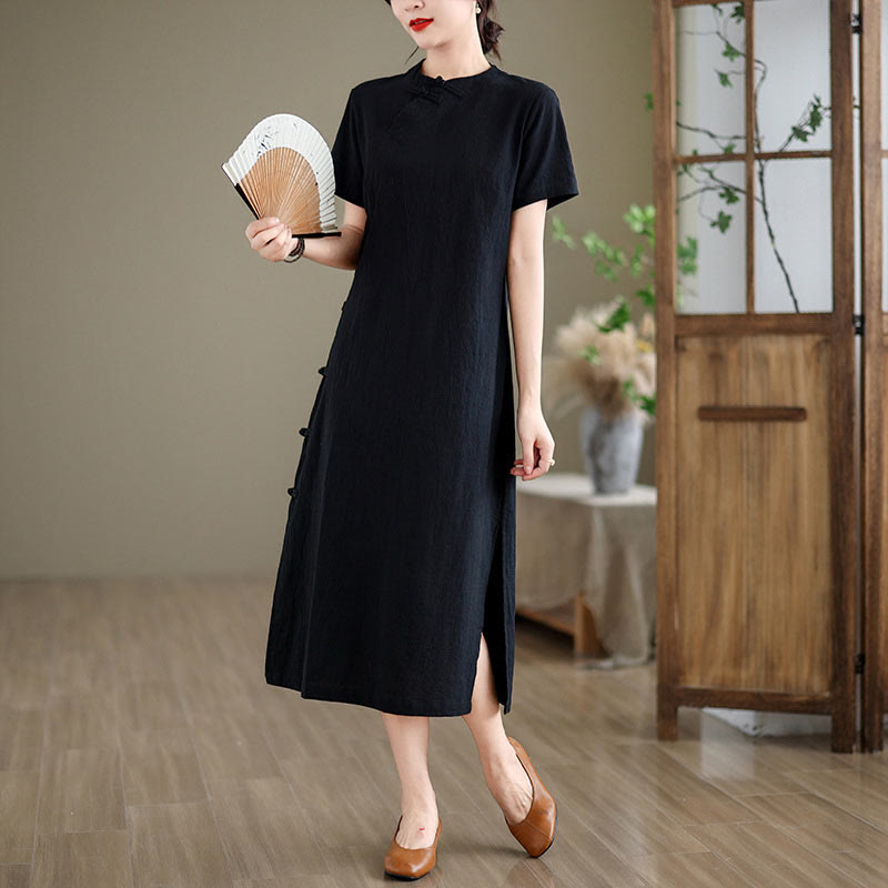 Buddha Stones Sommer Vintage Reine Farbe Chinesisches Cheongsam Qipao Midikleid mit Frosch-Knopf - Schwarz - US 8-10, UK/AU 12-14, EU 40-42 (2XL) - image 12