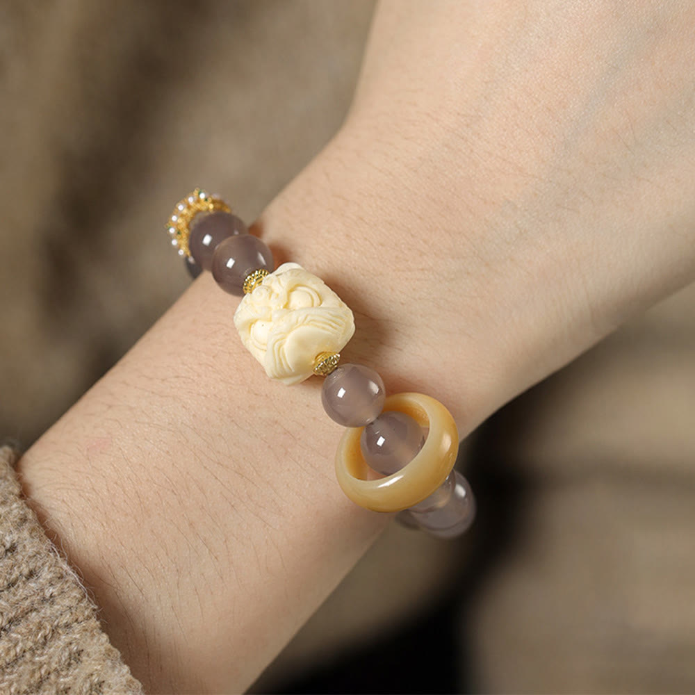 Buddha Stones Bernstein Grau Achat Elfenbein Frucht Vertrauen Armband