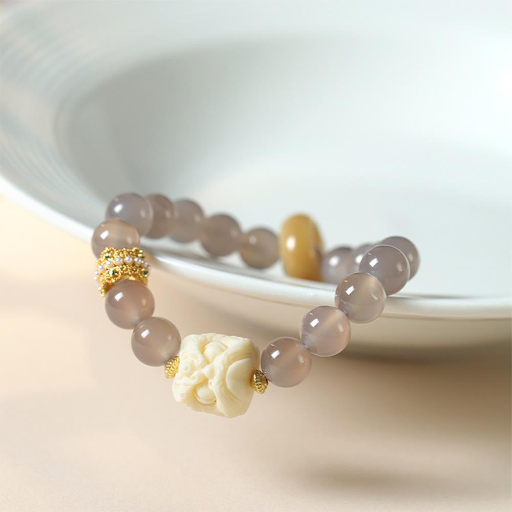 Buddha Stones Bernstein Grau Achat Elfenbein Frucht Vertrauen Armband