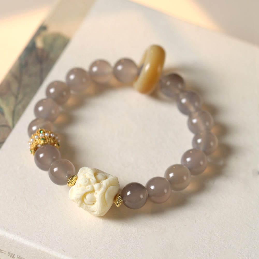 Buddha Stones Bernstein Grau Achat Elfenbein Frucht Vertrauen Armband