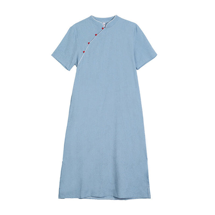 Buddha Stones Jacquard Einfarbiges Kurzarm-Cheongsam-Qipao-Midikleid aus Baumwolle und Leinen mit Taschen - image 12