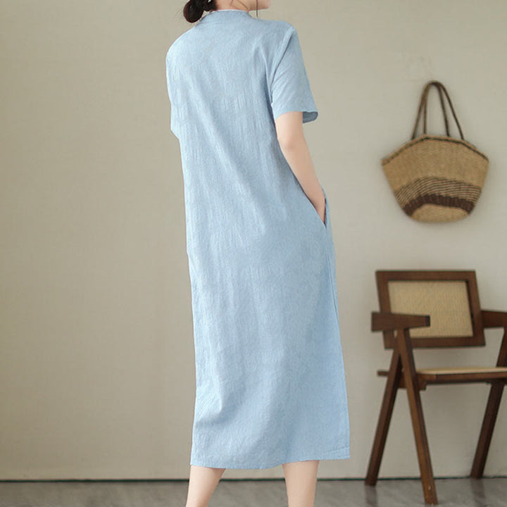 Buddha Stones Jacquard Einfarbiges Kurzarm-Cheongsam-Qipao-Midikleid aus Baumwolle und Leinen mit Taschen - image 2