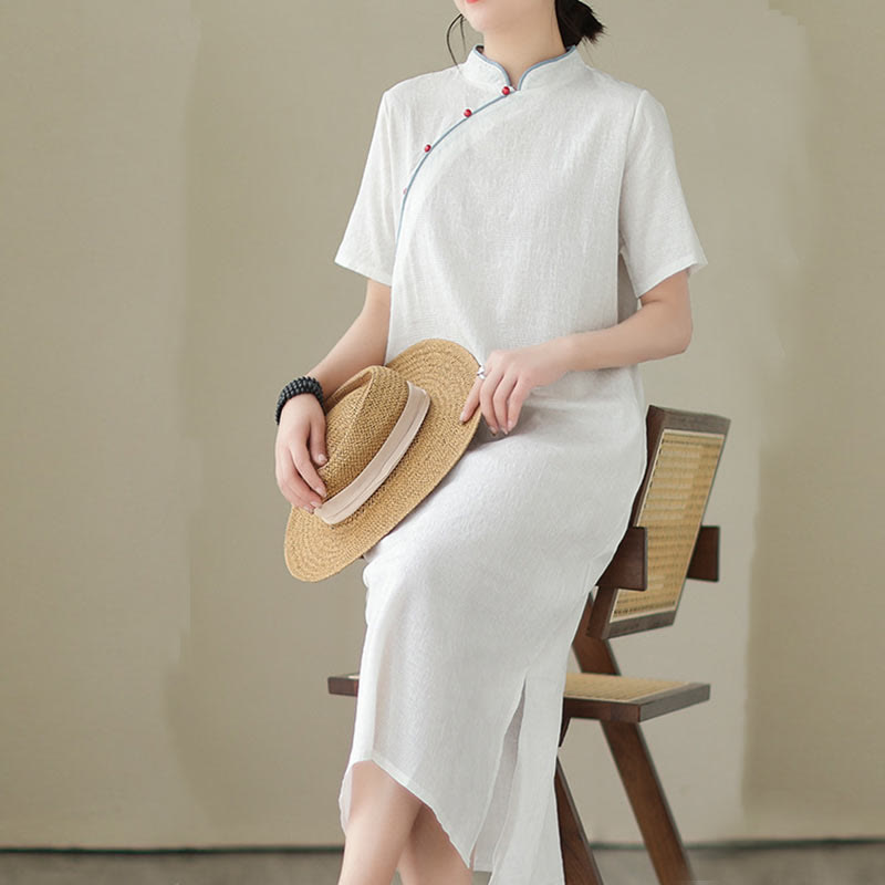 Buddha Stones Jacquard Einfarbiges Kurzarm-Cheongsam-Qipao-Midikleid aus Baumwolle und Leinen mit Taschen - image 18