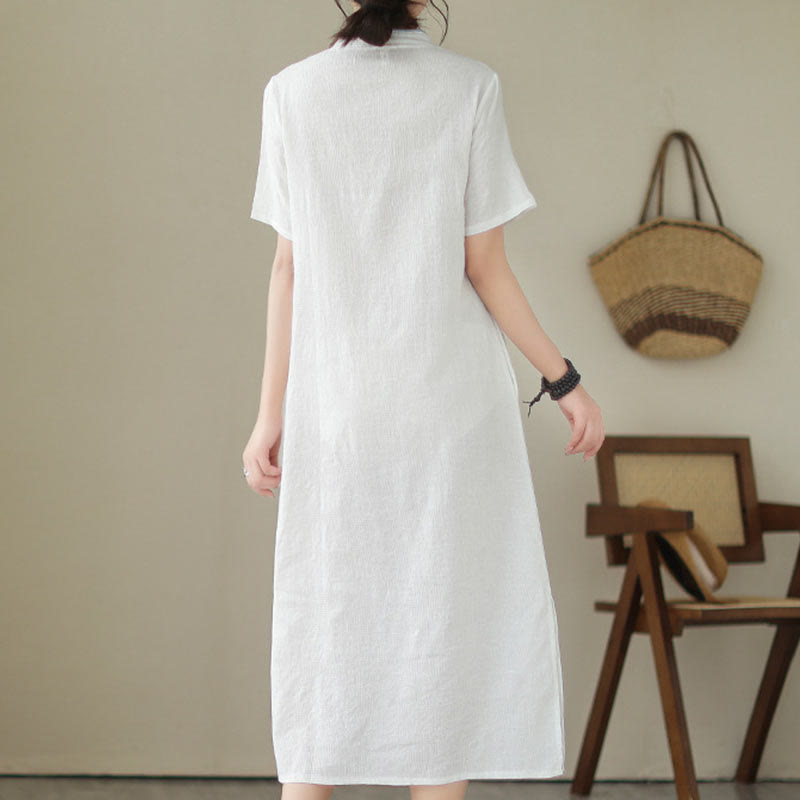 Buddha Stones Jacquard Einfarbiges Kurzarm-Cheongsam-Qipao-Midikleid aus Baumwolle und Leinen mit Taschen - image 15