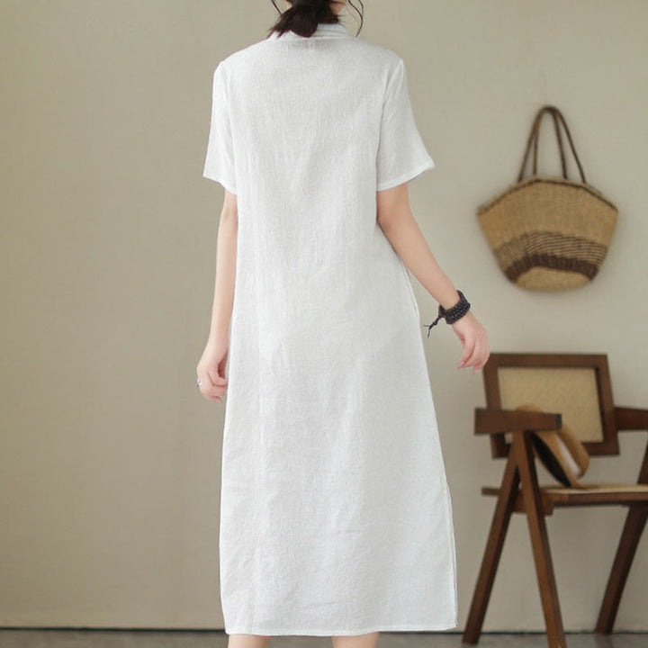 Buddha Stones Jacquard Einfarbiges Kurzarm-Cheongsam-Qipao-Midikleid aus Baumwolle und Leinen mit Taschen - image 15