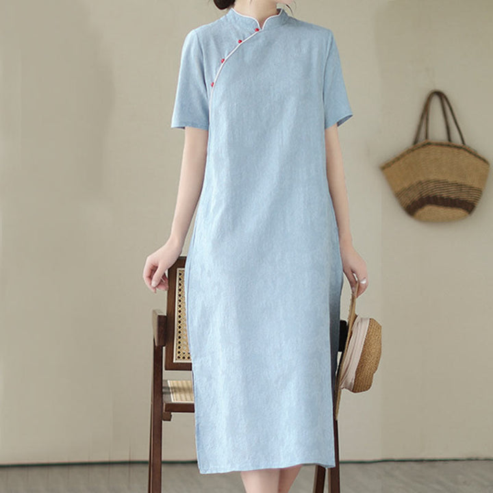 Buddha Stones Jacquard Einfarbiges Kurzarm-Cheongsam-Qipao-Midikleid aus Baumwolle und Leinen mit Taschen - image 4