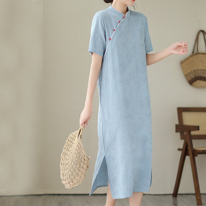 Buddha Stones Jacquard Einfarbiges Kurzarm-Cheongsam-Qipao-Midikleid aus Baumwolle und Leinen mit Taschen - image 3