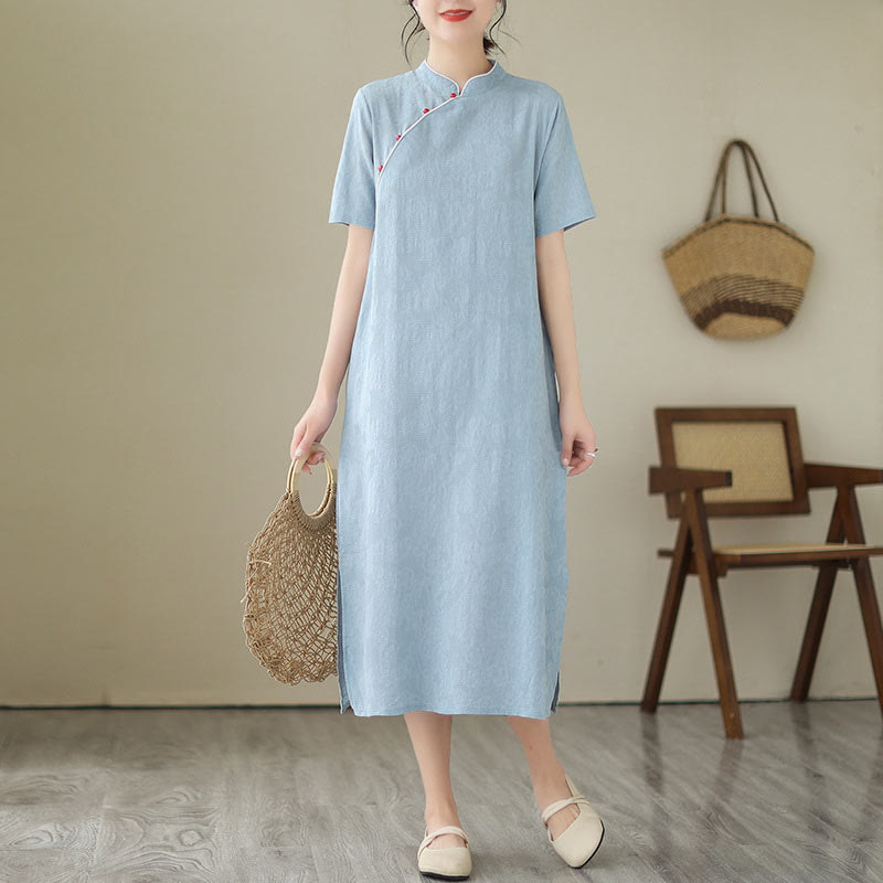 Buddha Stones Jacquard Einfarbiges Kurzarm-Cheongsam-Qipao-Midikleid aus Baumwolle und Leinen mit Taschen - image 1