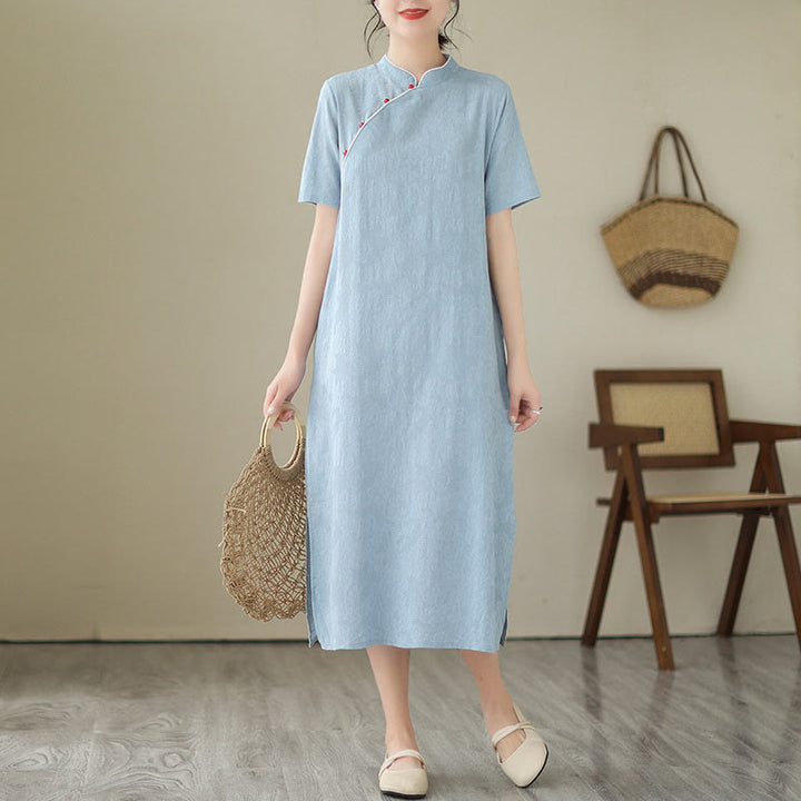 Buddha Stones Jacquard Einfarbiges Kurzarm-Cheongsam-Qipao-Midikleid aus Baumwolle und Leinen mit Taschen - image 1