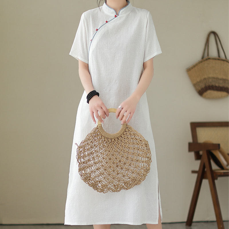 Buddha Stones Jacquard Einfarbiges Kurzarm-Cheongsam-Qipao-Midikleid aus Baumwolle und Leinen mit Taschen - image 14