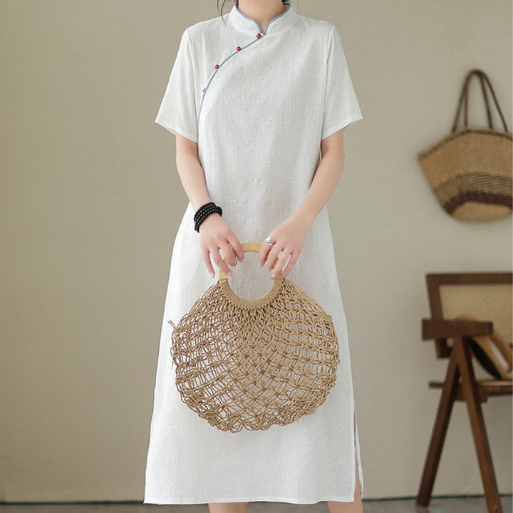 Buddha Stones Jacquard Einfarbiges Kurzarm-Cheongsam-Qipao-Midikleid aus Baumwolle und Leinen mit Taschen - image 14