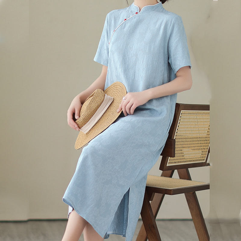 Buddha Stones Jacquard Einfarbiges Kurzarm-Cheongsam-Qipao-Midikleid aus Baumwolle und Leinen mit Taschen - image 5