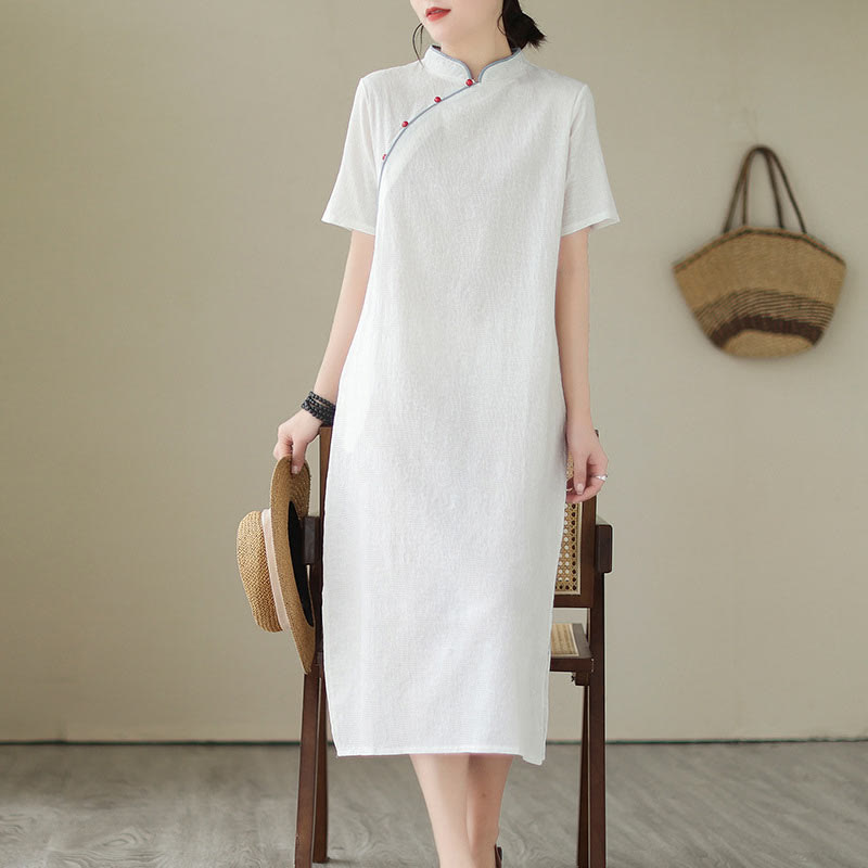 Buddha Stones Jacquard Einfarbiges Kurzarm-Cheongsam-Qipao-Midikleid aus Baumwolle und Leinen mit Taschen - image 17