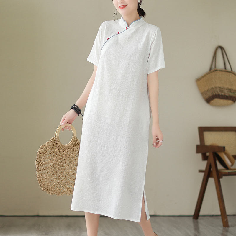 Buddha Stones Jacquard Einfarbiges Kurzarm-Cheongsam-Qipao-Midikleid aus Baumwolle und Leinen mit Taschen - image 16
