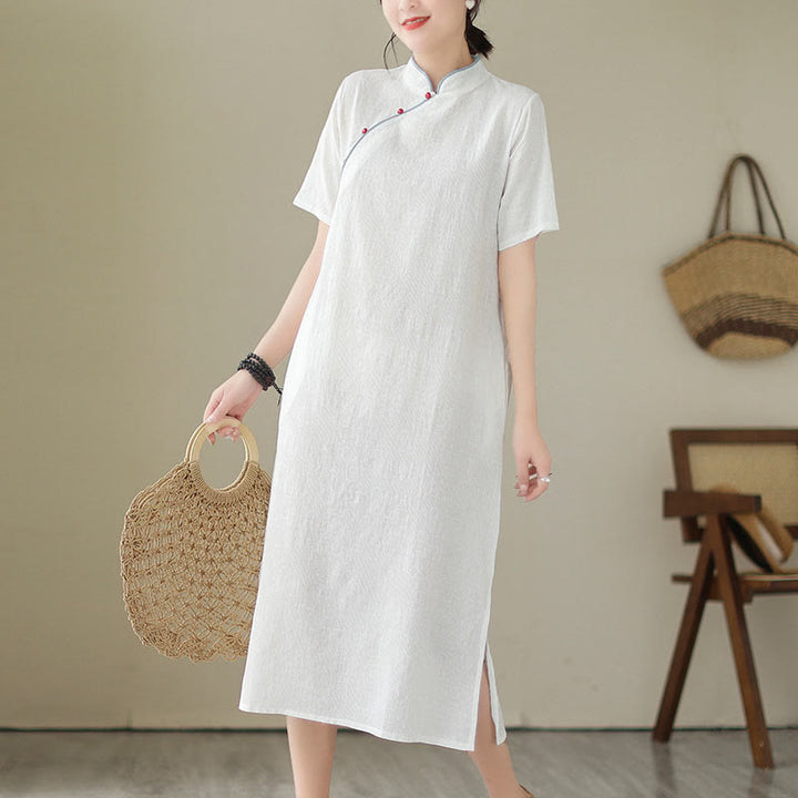 Buddha Stones Jacquard Einfarbiges Kurzarm-Cheongsam-Qipao-Midikleid aus Baumwolle und Leinen mit Taschen - image 16