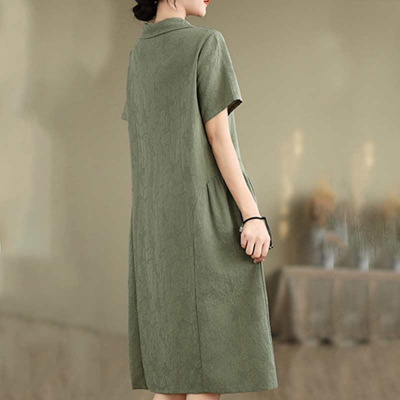 Buddha Stones – Schlichtes Midikleid aus Baumwolle und Leinen mit Jacquard-Revers und kurzen Ärmeln und Taschen - image 8