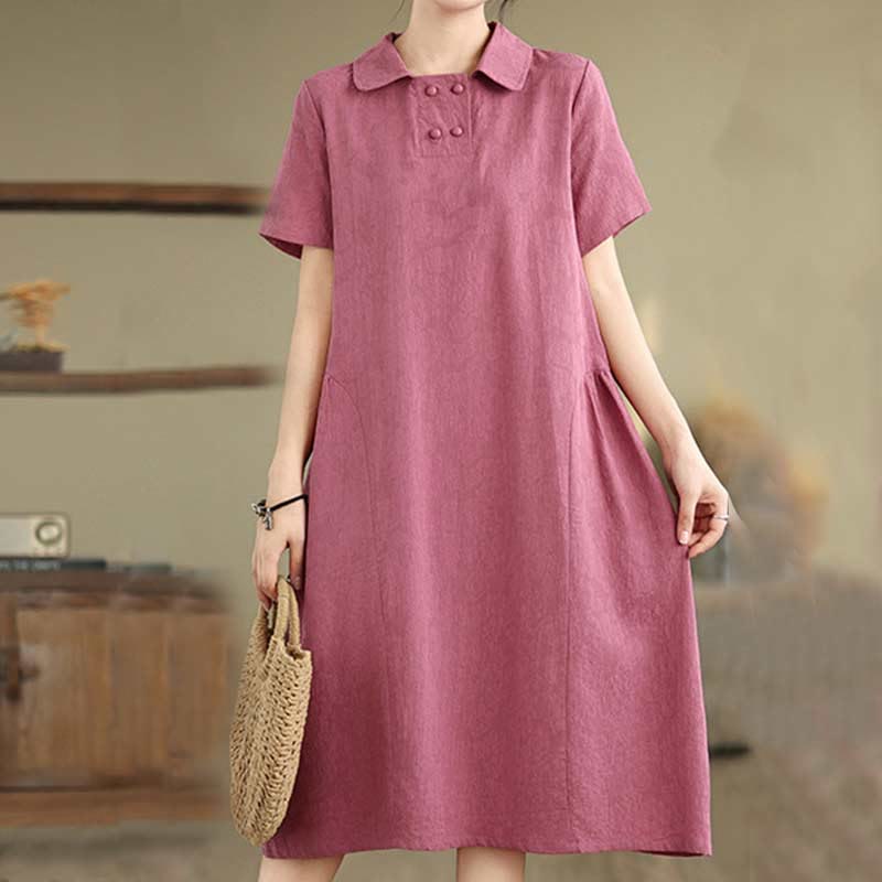 Buddha Stones – Schlichtes Midikleid aus Baumwolle und Leinen mit Jacquard-Revers und kurzen Ärmeln und Taschen - MittelViolettRot - US8-10， UK/AU12-14，EU40-42 (2XL) - image 0