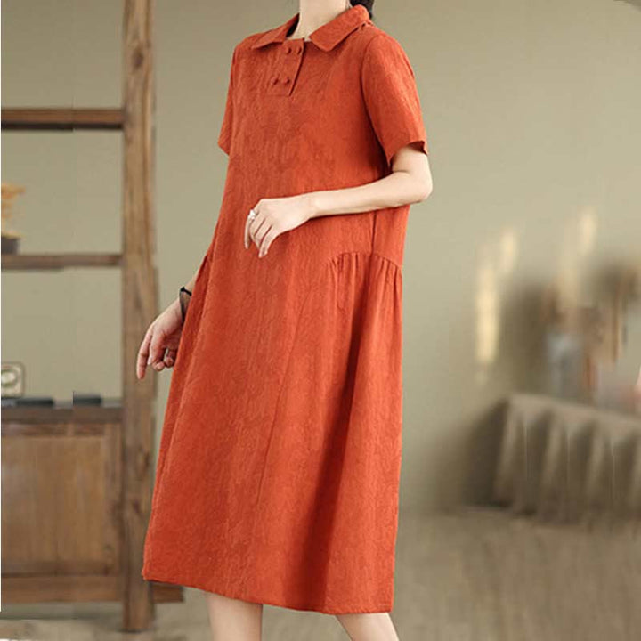 Buddha Stones – Schlichtes Midikleid aus Baumwolle und Leinen mit Jacquard-Revers und kurzen Ärmeln und Taschen - image 12