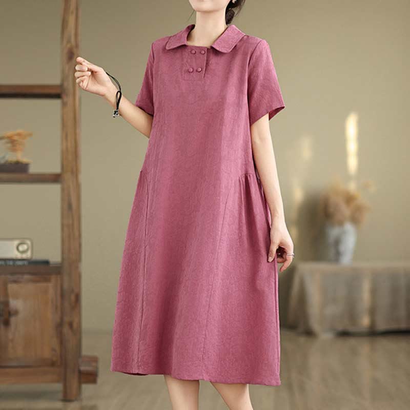Buddha Stones – Schlichtes Midikleid aus Baumwolle und Leinen mit Jacquard-Revers und kurzen Ärmeln und Taschen - image 3