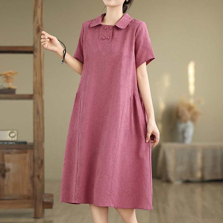 Buddha Stones – Schlichtes Midikleid aus Baumwolle und Leinen mit Jacquard-Revers und kurzen Ärmeln und Taschen - image 3
