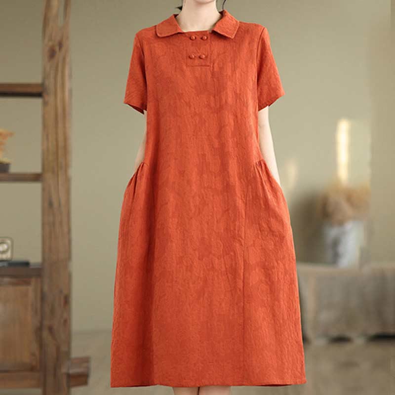 Buddha Stones – Schlichtes Midikleid aus Baumwolle und Leinen mit Jacquard-Revers und kurzen Ärmeln und Taschen - image 13