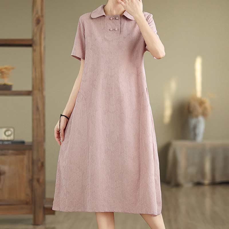 Buddha Stones – Schlichtes Midikleid aus Baumwolle und Leinen mit Jacquard-Revers und kurzen Ärmeln und Taschen - image 31