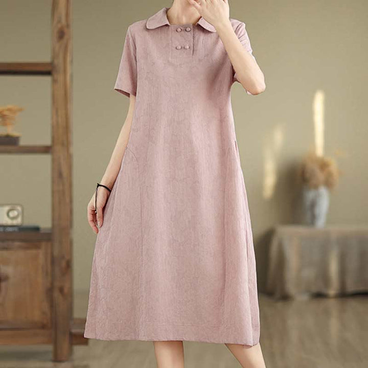 Buddha Stones – Schlichtes Midikleid aus Baumwolle und Leinen mit Jacquard-Revers und kurzen Ärmeln und Taschen - image 31