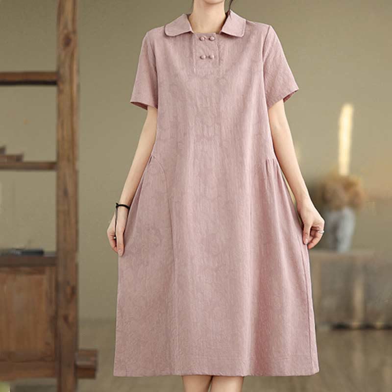 Buddha Stones – Schlichtes Midikleid aus Baumwolle und Leinen mit Jacquard-Revers und kurzen Ärmeln und Taschen - image 30