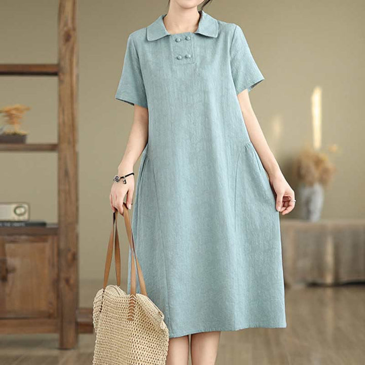 Buddha Stones – Schlichtes Midikleid aus Baumwolle und Leinen mit Jacquard-Revers und kurzen Ärmeln und Taschen - image 23