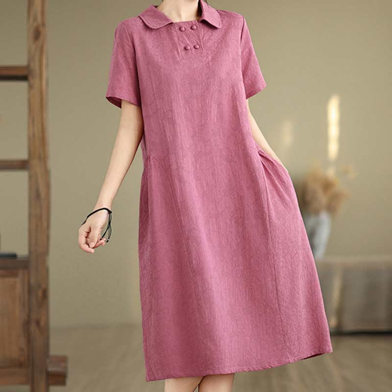 Buddha Stones – Schlichtes Midikleid aus Baumwolle und Leinen mit Jacquard-Revers und kurzen Ärmeln und Taschen - image 4