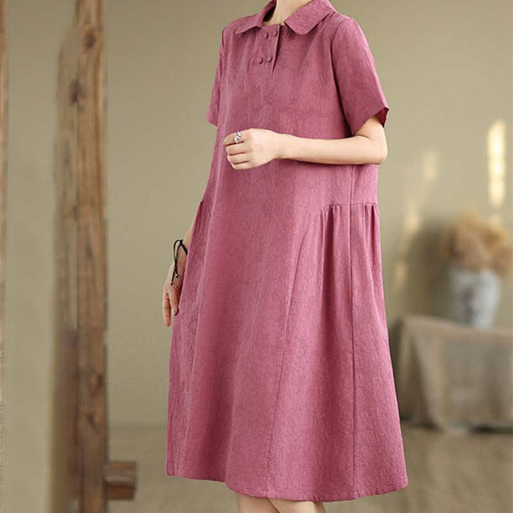Buddha Stones – Schlichtes Midikleid aus Baumwolle und Leinen mit Jacquard-Revers und kurzen Ärmeln und Taschen - image 2