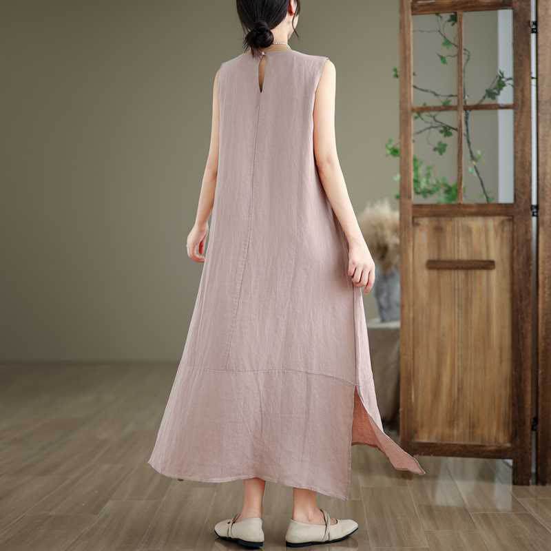 Buddha Stones Spring – Schlichtes, unregelmäßiges, ärmelloses Midikleid aus Baumwollleinen mit Taschen - image 20