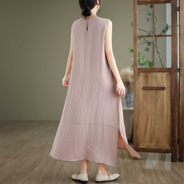 Buddha Stones Spring – Schlichtes, unregelmäßiges, ärmelloses Midikleid aus Baumwollleinen mit Taschen - image 20