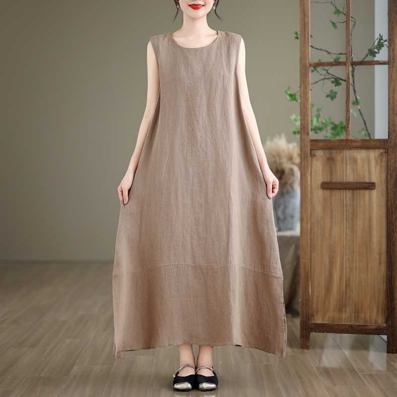 Buddha Stones Spring – Schlichtes, unregelmäßiges, ärmelloses Midikleid aus Baumwollleinen mit Taschen - image 2