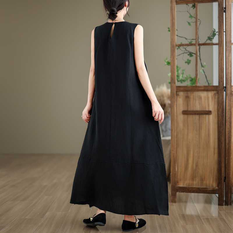 Buddha Stones Spring – Schlichtes, unregelmäßiges, ärmelloses Midikleid aus Baumwollleinen mit Taschen - image 14
