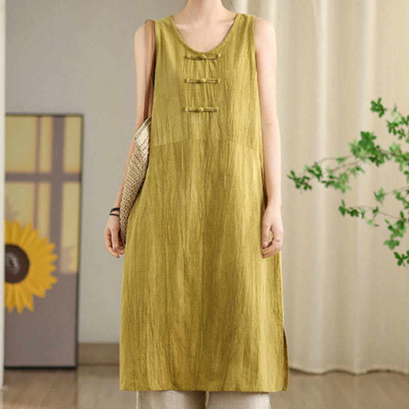 Buddha Stones – Batik-Midikleid aus Ramie-Leinen mit chinesischen Froschknöpfen und Taschen - Gold - US8-10， UK/AU12-14，EU40-42 (2XL) - image 5