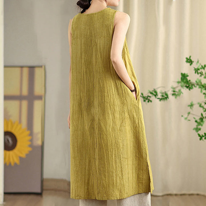 Buddha Stones – Batik-Midikleid aus Ramie-Leinen mit chinesischen Froschknöpfen und Taschen - image 7