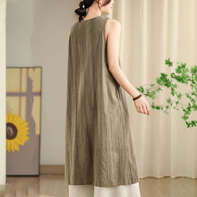 Buddha Stones – Batik-Midikleid aus Ramie-Leinen mit chinesischen Froschknöpfen und Taschen - image 12