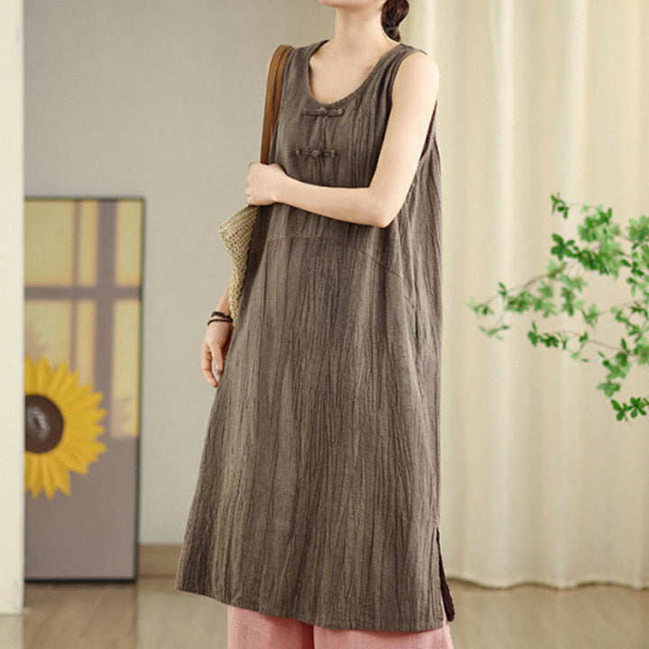 Buddha Stones – Batik-Midikleid aus Ramie-Leinen mit chinesischen Froschknöpfen und Taschen - Bräunen - US8-10， UK/AU12-14，EU40-42 (2XL) - image 18