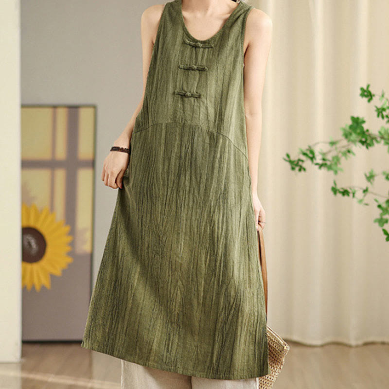 Buddha Stones – Batik-Midikleid aus Ramie-Leinen mit chinesischen Froschknöpfen und Taschen - Olivgrün - US8-10， UK/AU12-14，EU40-42 (2XL) - image 0
