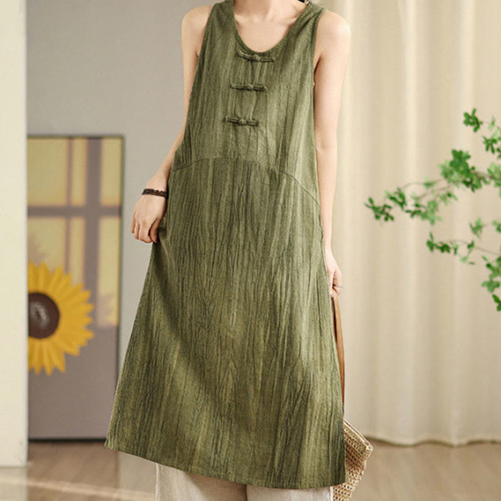 Buddha Stones – Batik-Midikleid aus Ramie-Leinen mit chinesischen Froschknöpfen und Taschen - Olivgrün - US8-10， UK/AU12-14，EU40-42 (2XL) - image 0