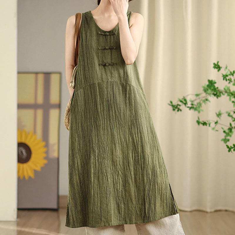 Buddha Stones – Batik-Midikleid aus Ramie-Leinen mit chinesischen Froschknöpfen und Taschen - image 3